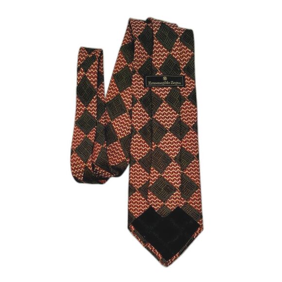 Ermenegildo Zegna Silk Tie, Green Red Diamond Motif, Italian, Business, Holiday - Picture 1 of 4